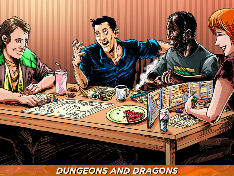 A drawn picture of 3 players playing Dnd with a DM