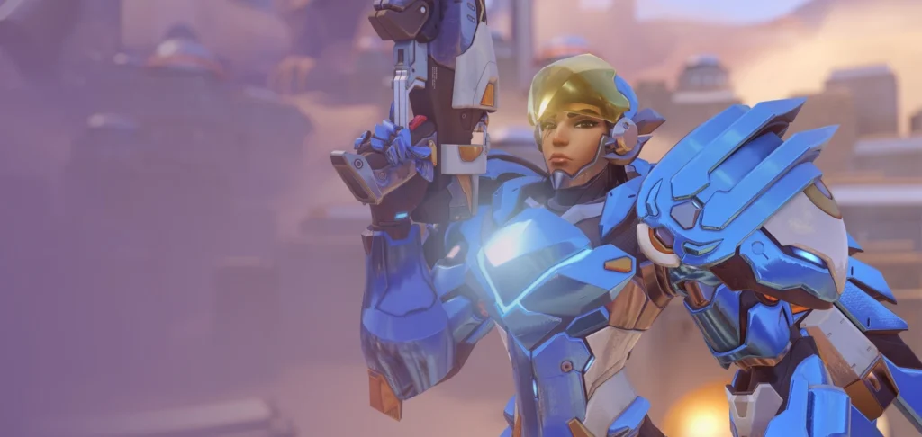 Pharah is an Overwatch female character with excellent aerial mobility, and her rocket launcher does excellent splash damage.