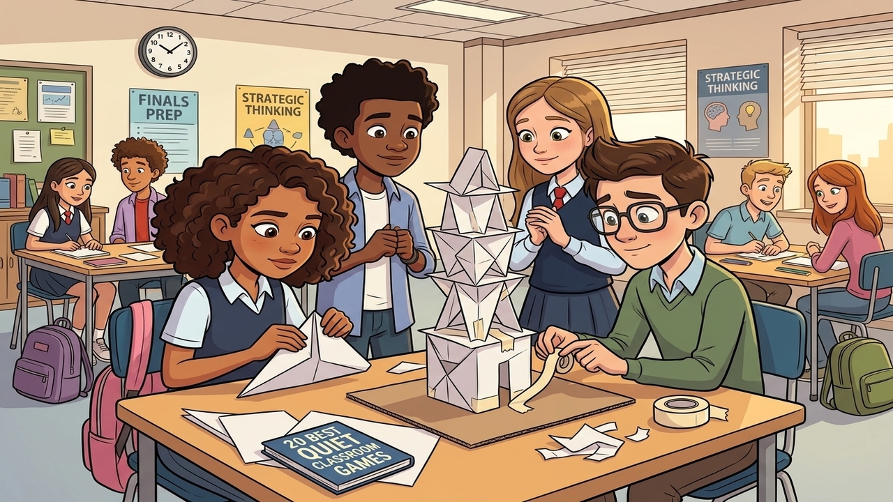Cartoon illustration of high school students silently working together to build a tall paper tower using scrap paper and tape, demonstrating one of the best quiet classroom games for older students.