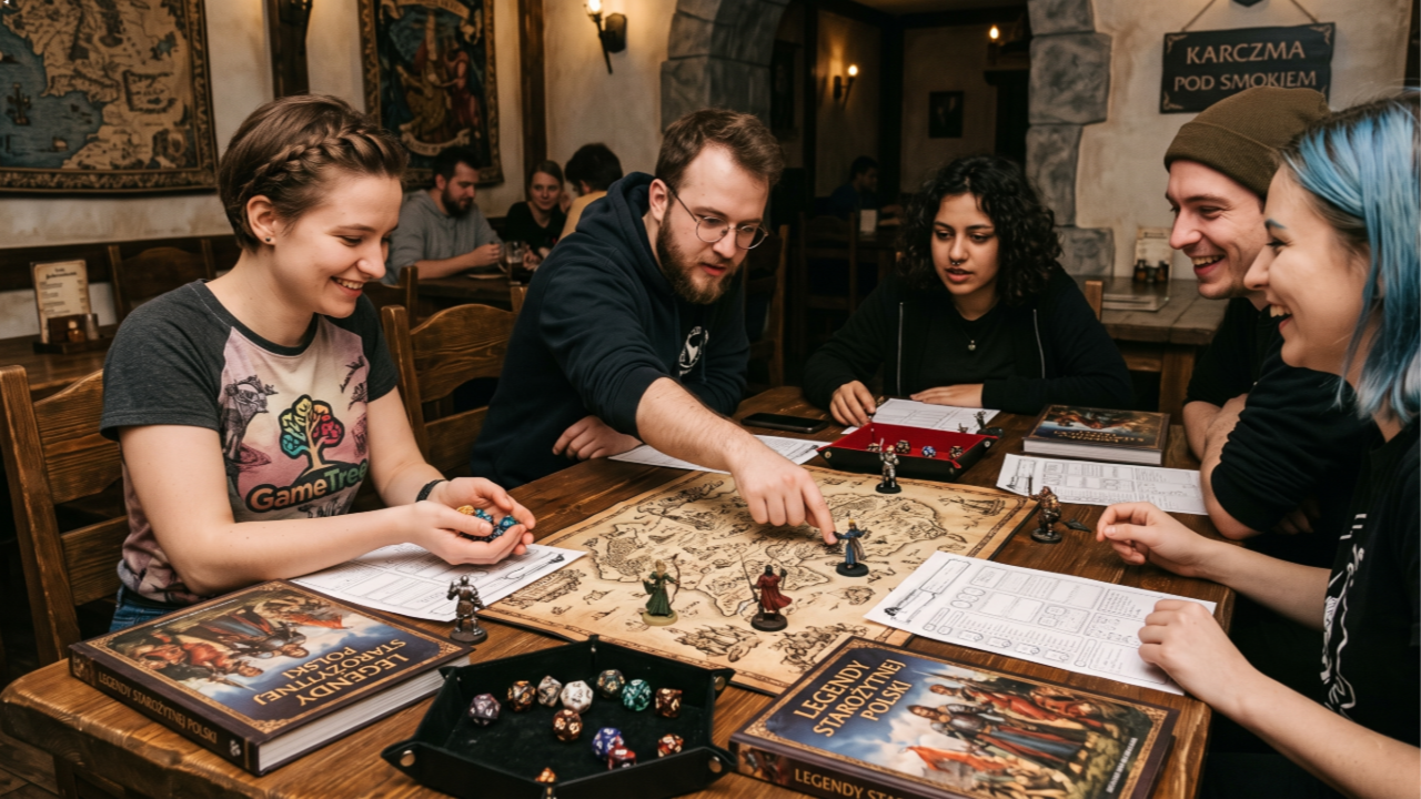 A group of friends laughing and playing a tabletop RPG in a fantasy-themed tavern, highlighting the social nature of the Polish gaming market.