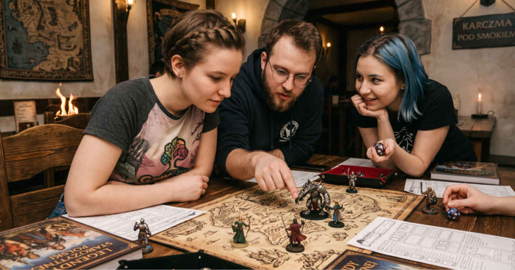 Three players closely examining a fantasy RPG map and miniatures, representing community engagement within the Polish gaming market.