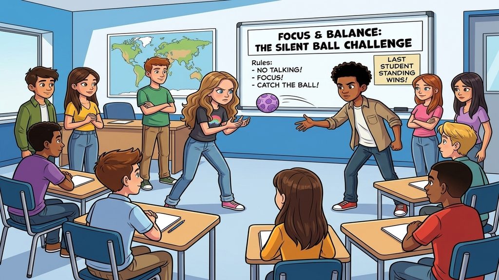 Cartoon illustration of high school students silently working together to build a tall paper tower using scrap paper and tape, demonstrating one of the best quiet classroom games for older students.