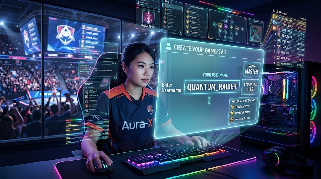 A female esports gamer sitting at a backlit RGB PC setup, entering the username "QUANTUM_RAIDER" into a glowing holographic "Create Your Gamertag" profile interface against an illuminated arena background.