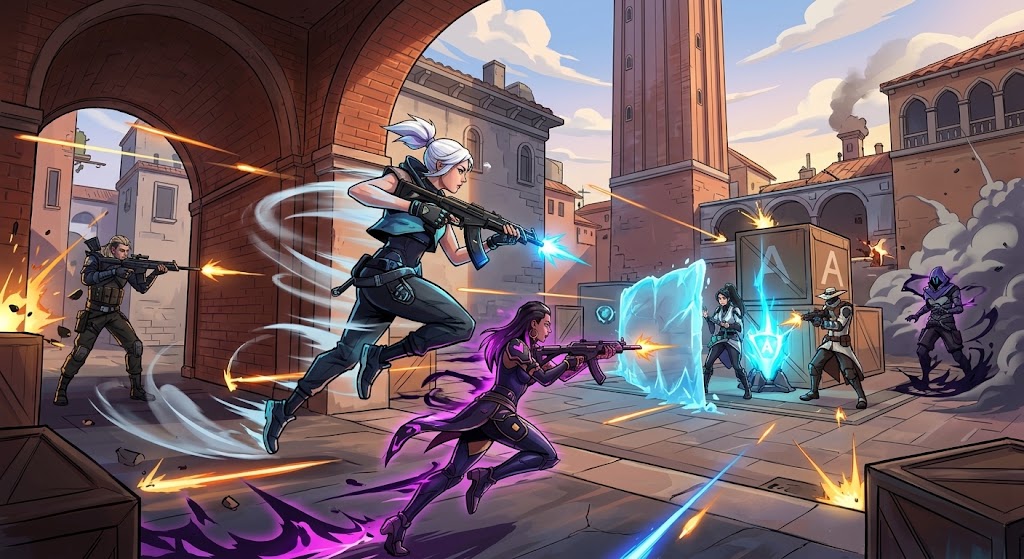 VALORANT agents executing a site push during a ranked match, highlighting the focus gained from a consistent VALORANT warm-up routine.