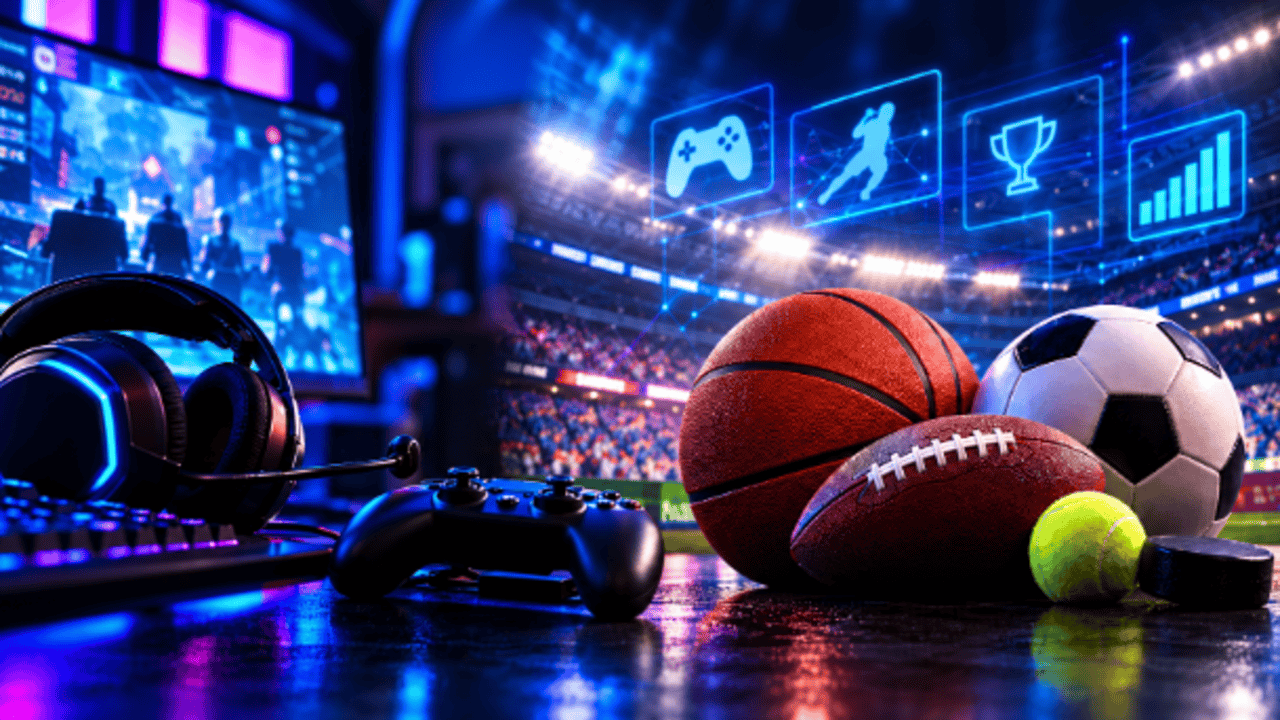 Esports vs traditional sports comparison showing gaming gear beside a basketball, soccer ball, and football in a stadium arena