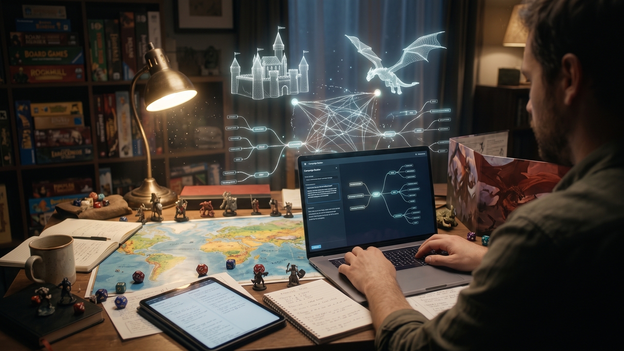 Game master planning a tabletop campaign with dice and maps, using an AI RPG generator for the story outline